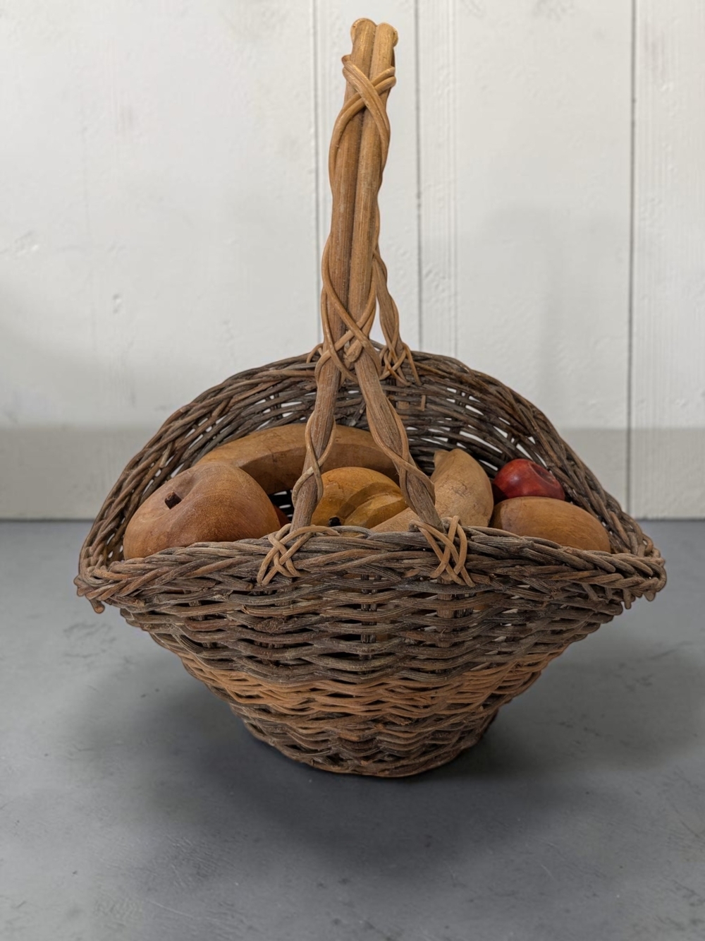 Vintage Hand Carved Wood Fruit Lot & Woven Willow Twig Gathering Basket 13 Piece